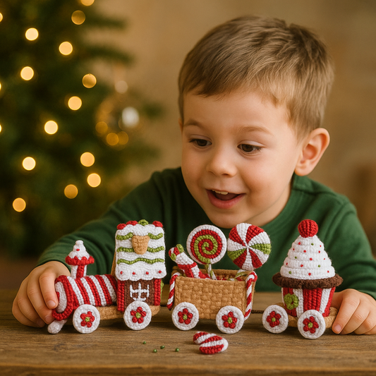 Christmas Gingerbread Train Amigurumi Crochet Pattern PDF – Festive Handmade Toy Train Decoration with Candy Sweets, Cupcake, Lollipops & Holiday Details