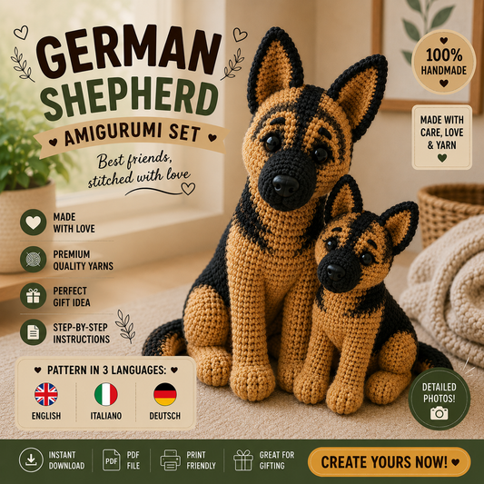 German Shepherd Crochet Pattern PDF, Mama and Puppy Amigurumi Pair