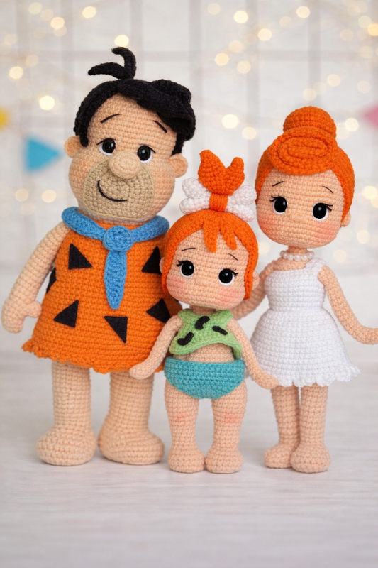 🧶 Flintstones-Inspired Amigurumi Family – Handmade Crochet Doll Set (3 Characters)
