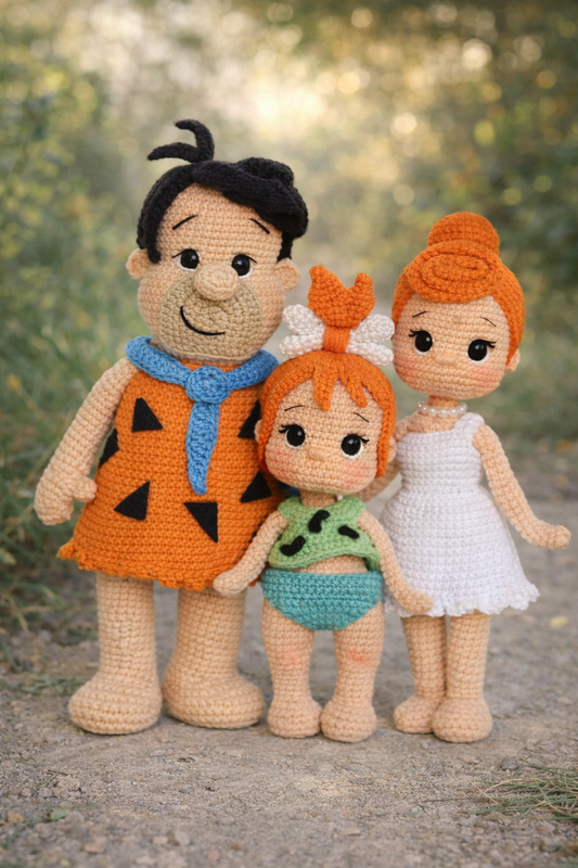 🧶 Flintstones-Inspired Amigurumi Family – Handmade Crochet Doll Set (3 Characters)