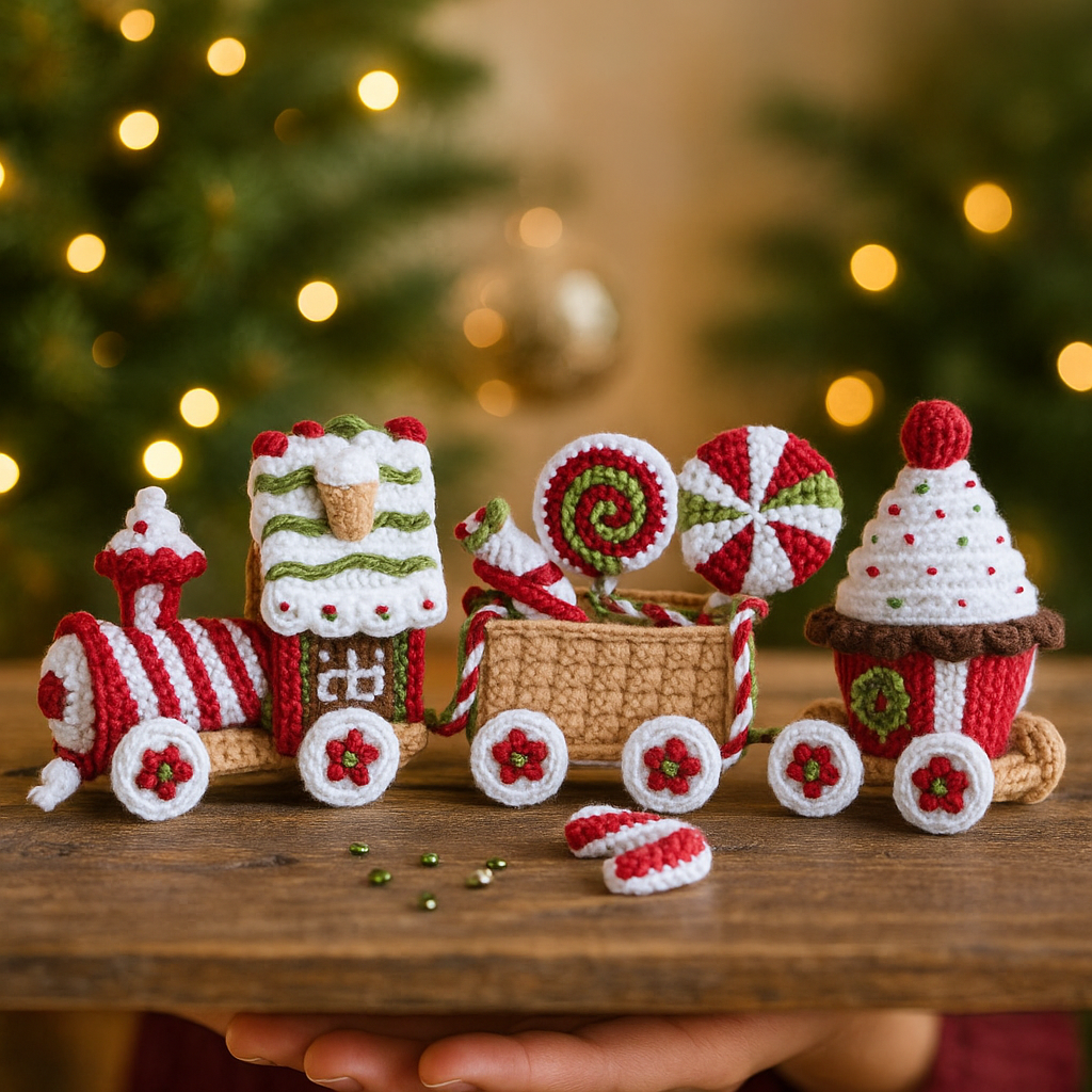 Christmas Gingerbread Train Amigurumi Crochet Pattern PDF – Festive Handmade Toy Train Decoration with Candy Sweets, Cupcake, Lollipops & Holiday Details