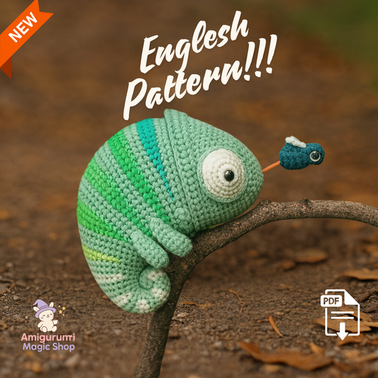 Chameleon Amigurumi Crochet Pattern PDF – Musical Toy English Pattern with Pull String, DIY Stuffed Animal Plushie Pattern, Instant Download