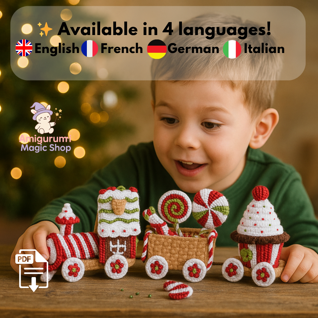 Christmas Gingerbread Train Amigurumi Crochet Pattern PDF – Festive Handmade Toy Train Decoration with Candy Sweets, Cupcake, Lollipops & Holiday Details