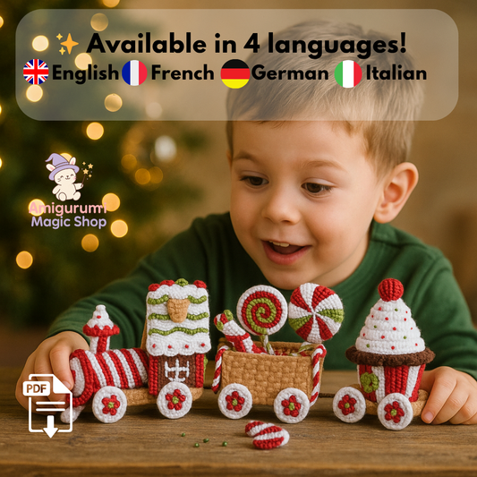 Christmas Gingerbread Train Amigurumi Crochet Pattern PDF – Festive Handmade Toy Train Decoration with Candy Sweets, Cupcake, Lollipops & Holiday Details