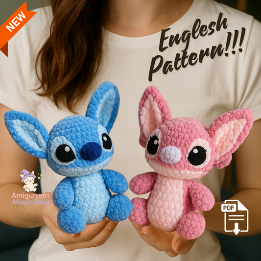 Stich and Angel Amigurumi Crochet Pattern PDF – Soft Plush Toy Set with Big Ears, Cute Blue and Pink Alien Dolls, English Pattern Download