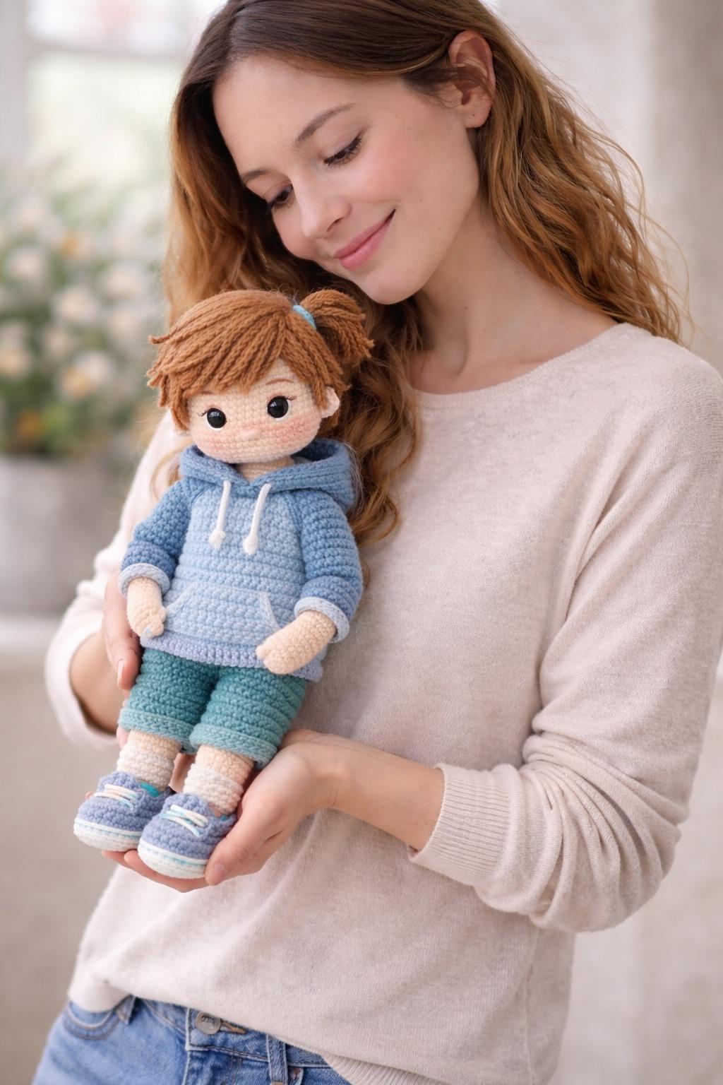 Handmade Crochet Boy Doll (Amigurumi) – Curly Hair, Colorful Outfit