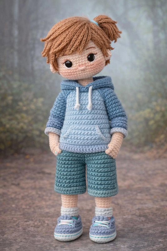 Handmade Crochet Boy Doll (Amigurumi) – Curly Hair, Colorful Outfit