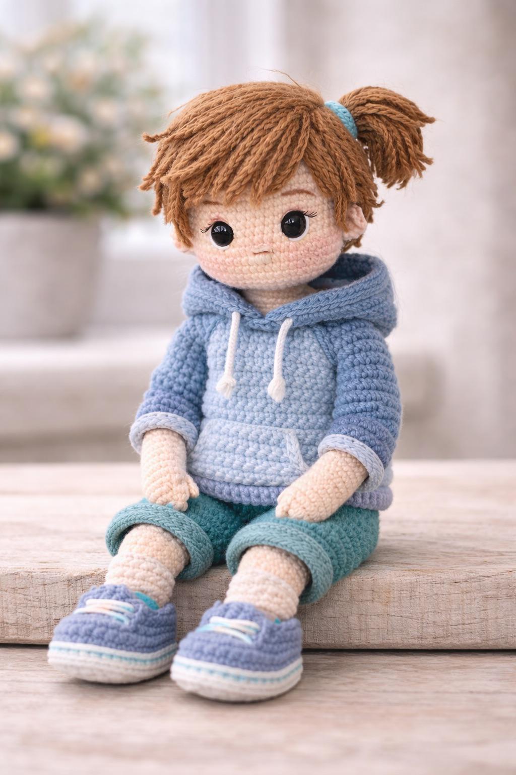 Handmade Crochet Boy Doll (Amigurumi) – Curly Hair, Colorful Outfit