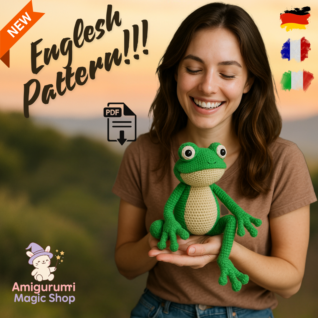 Milo the Happy Frog – Amigurumi Crochet Pattern PDF (EN/IT/FR/DE) | Cute Plush Toy Tutorial